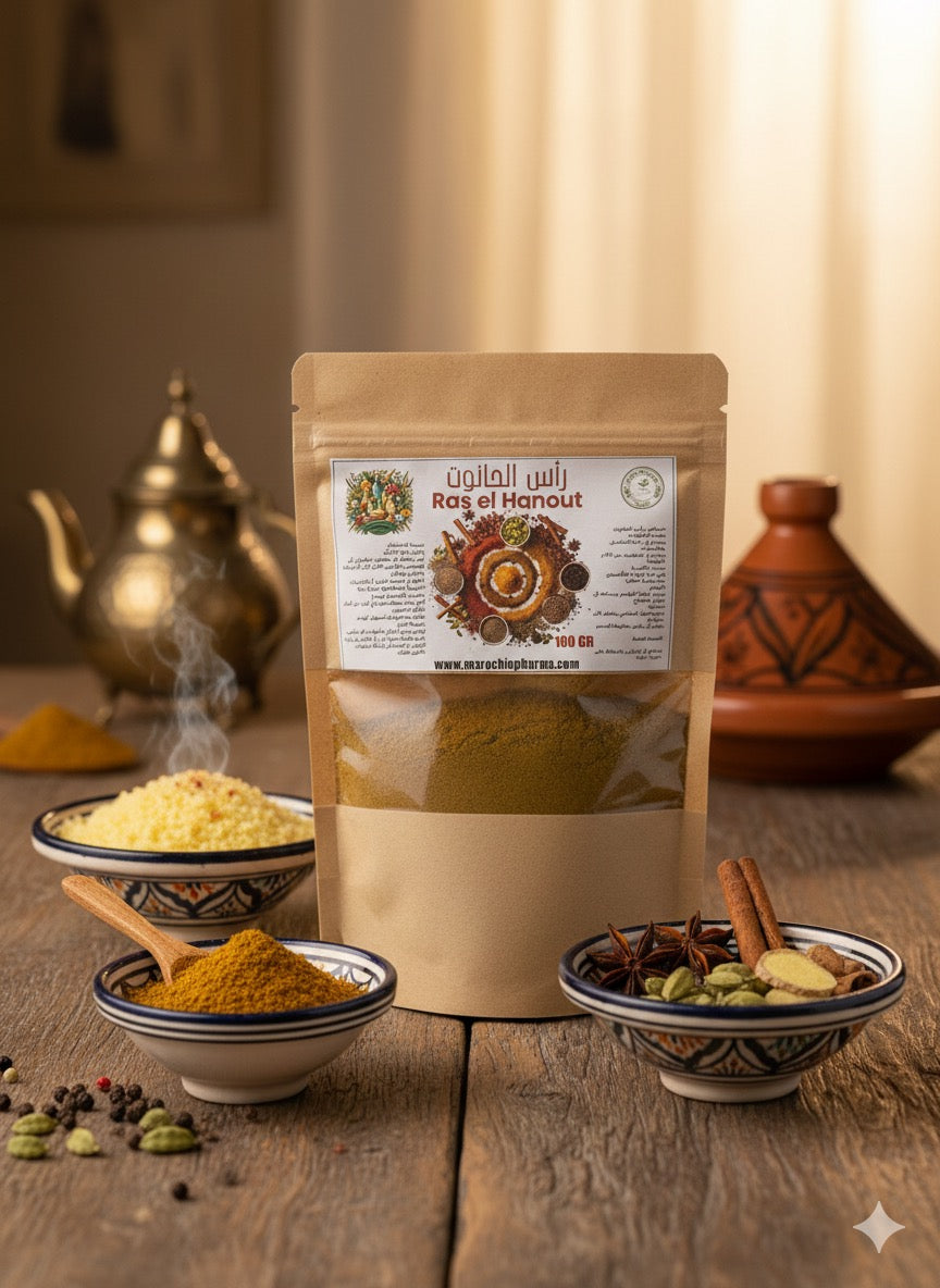 Ras El Hanout Maroc Bio Pharma – mélange d’épices marocaines authentiques dans un sachet artisanal.