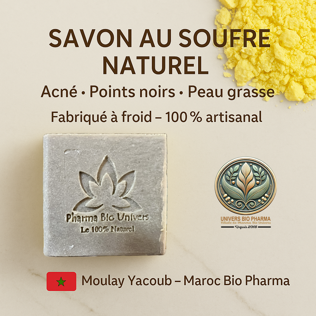 Publicité pour savon au soufre naturel – Soin visage pour peau grasse et acnéique, savon saponifié à froid de la marque Maroc Bio Pharma