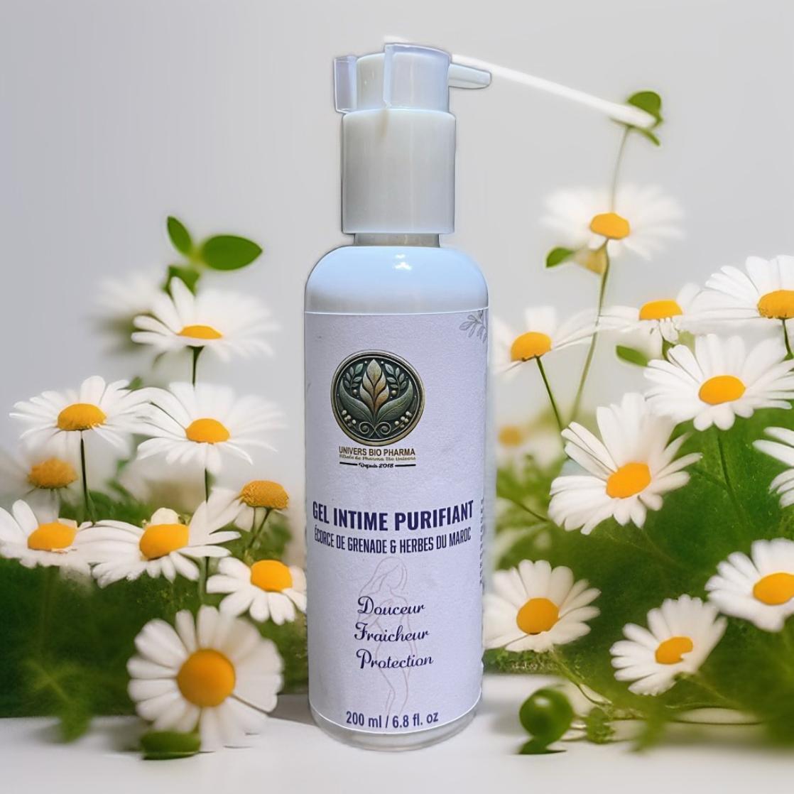 Gel Intime Purifiant Univers Bio Pharma - Flacon pompe 200ml avec extrait de grenade et herbes du Maroc, douceur fraîcheur protection