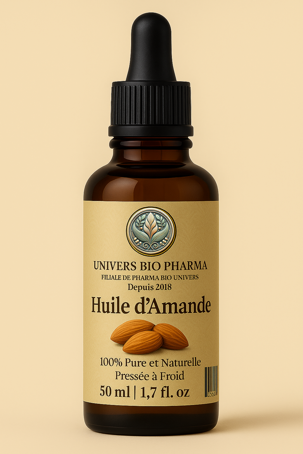 Flacon de 50 ml d’huile d’amande douce 100 % pure, pressée à froid, idéal pour nourrir les peaux sensibles et hydrater les cheveux secs naturellement.