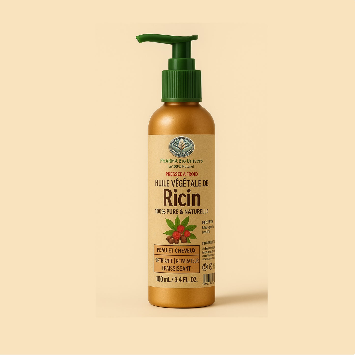 Flacon pompe de 100 ml d’huile de ricin 100 % pure et naturelle, avec étiquette beige illustrée de graines de ricin, mentionnant ses bienfaits fortifiants, réparateurs et épaississants pour la peau et les cheveux.