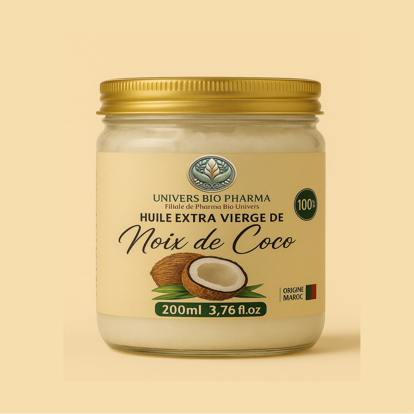 Pot de 200 ml d’huile de coco extra vierge, fabriquée artisanalement au Maroc, 100 % pure et naturelle, à texture solide, idéale pour la peau et les cheveux secs.