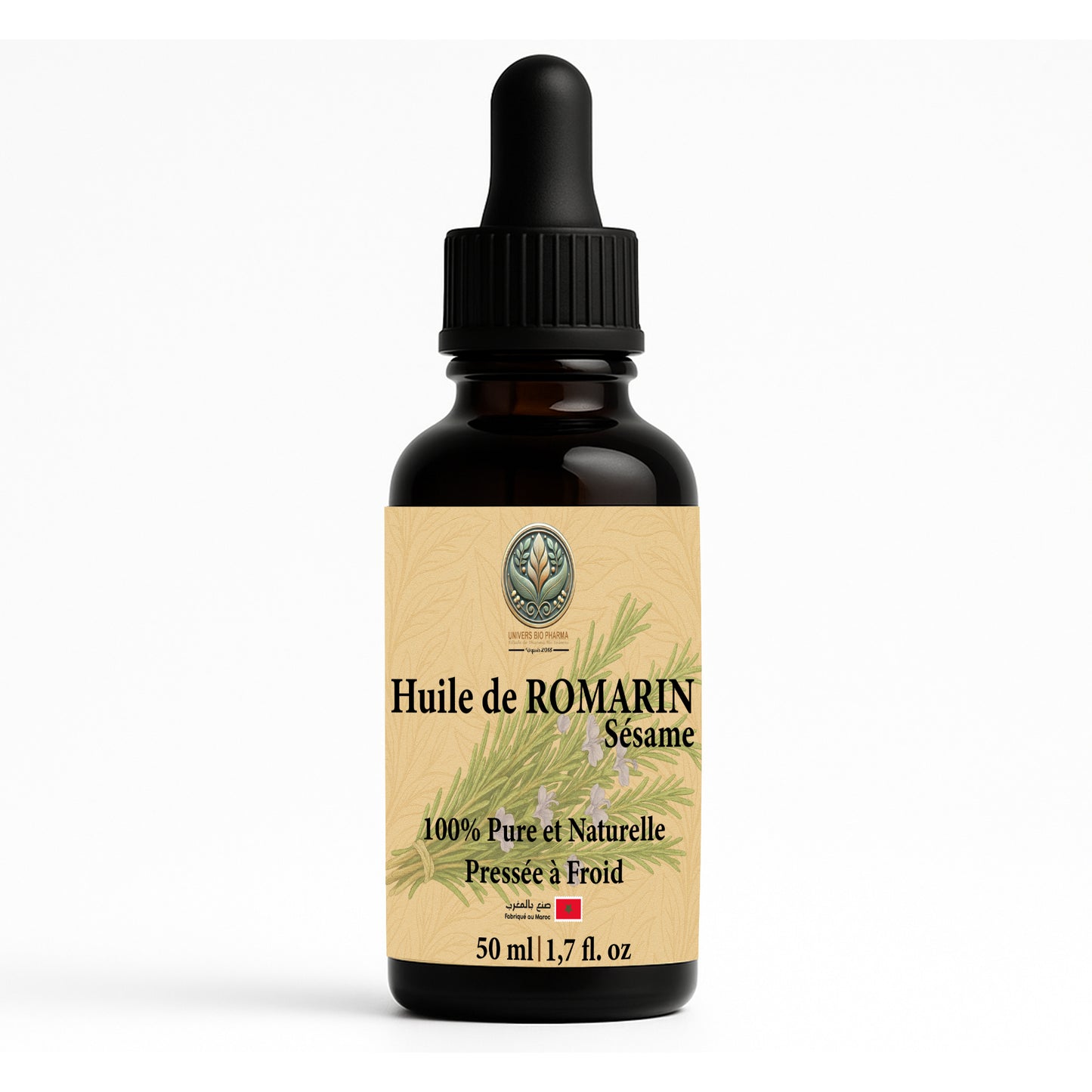Huile de romarin au sésame bio 50ml - Flacon pipette noir - Pressée à froid - Anti-chute cheveux - Maroc Bio Pharma