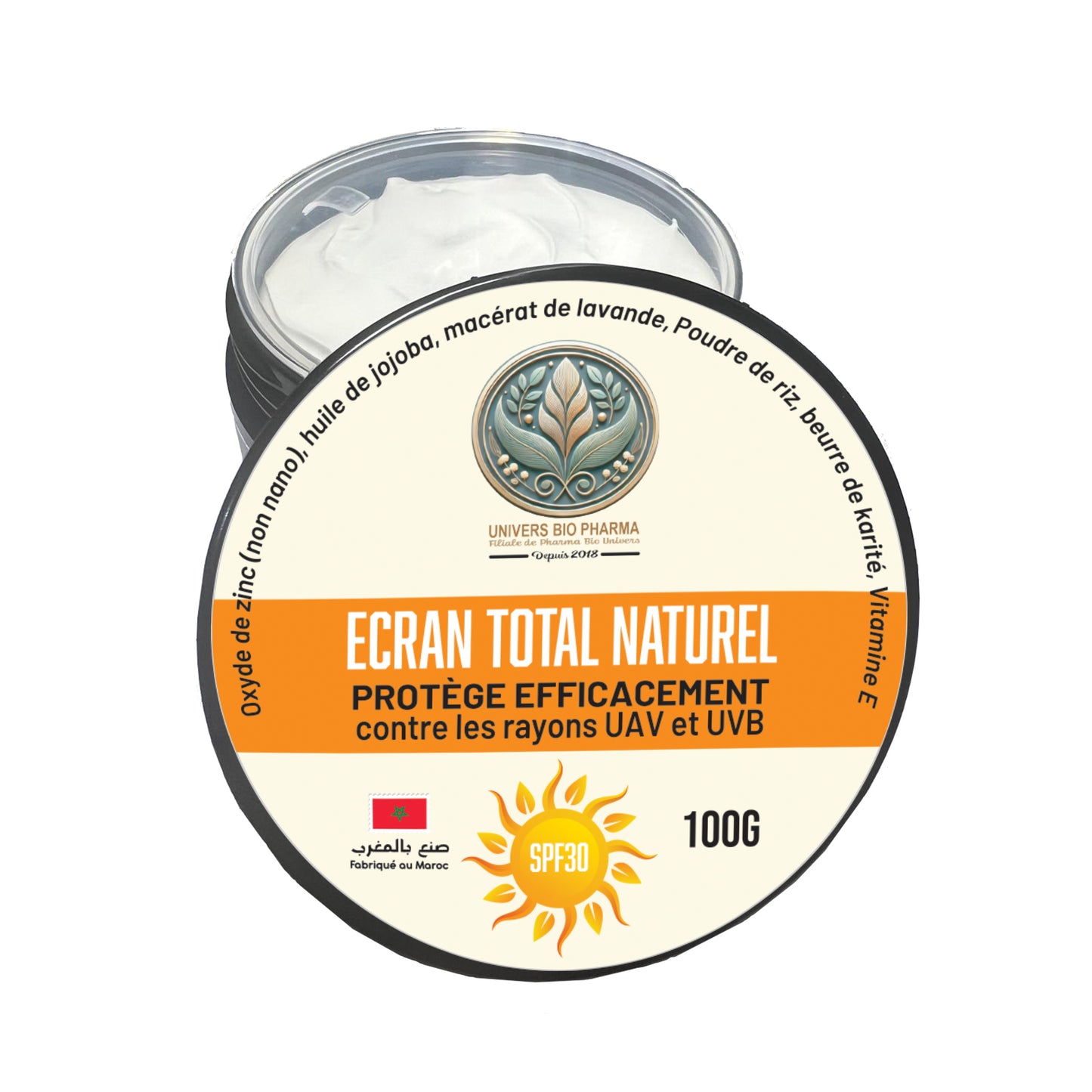 Pot de crème solaire naturelle SPF 30 fabriqué au Maroc, protection UVA et UVB