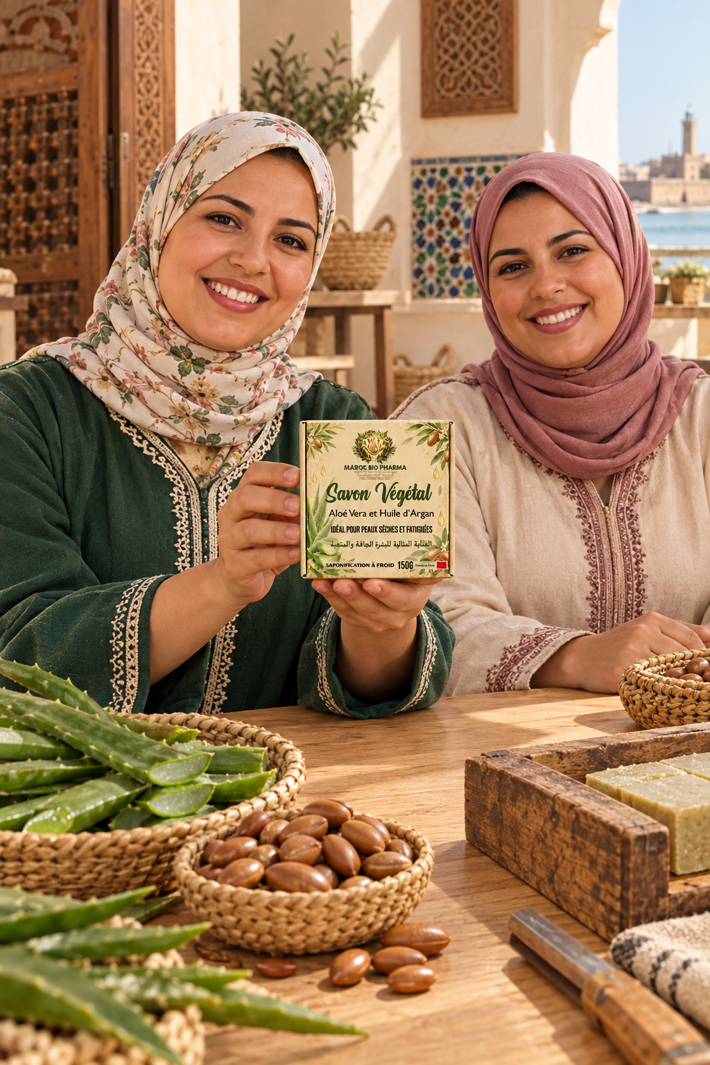 Femmes marocaines présentant le savon dans une coopérative artisanale