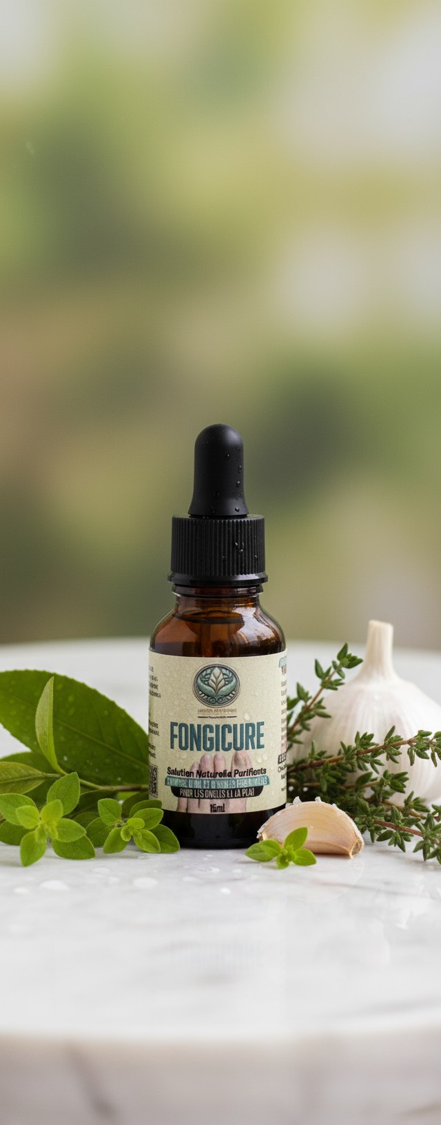 Flacon de 15 ml de FongiCure, soin purifiant naturel pour ongles et peau, formulé avec de l'ail et des huiles essentielles, fabriqué artisanalement au Maroc