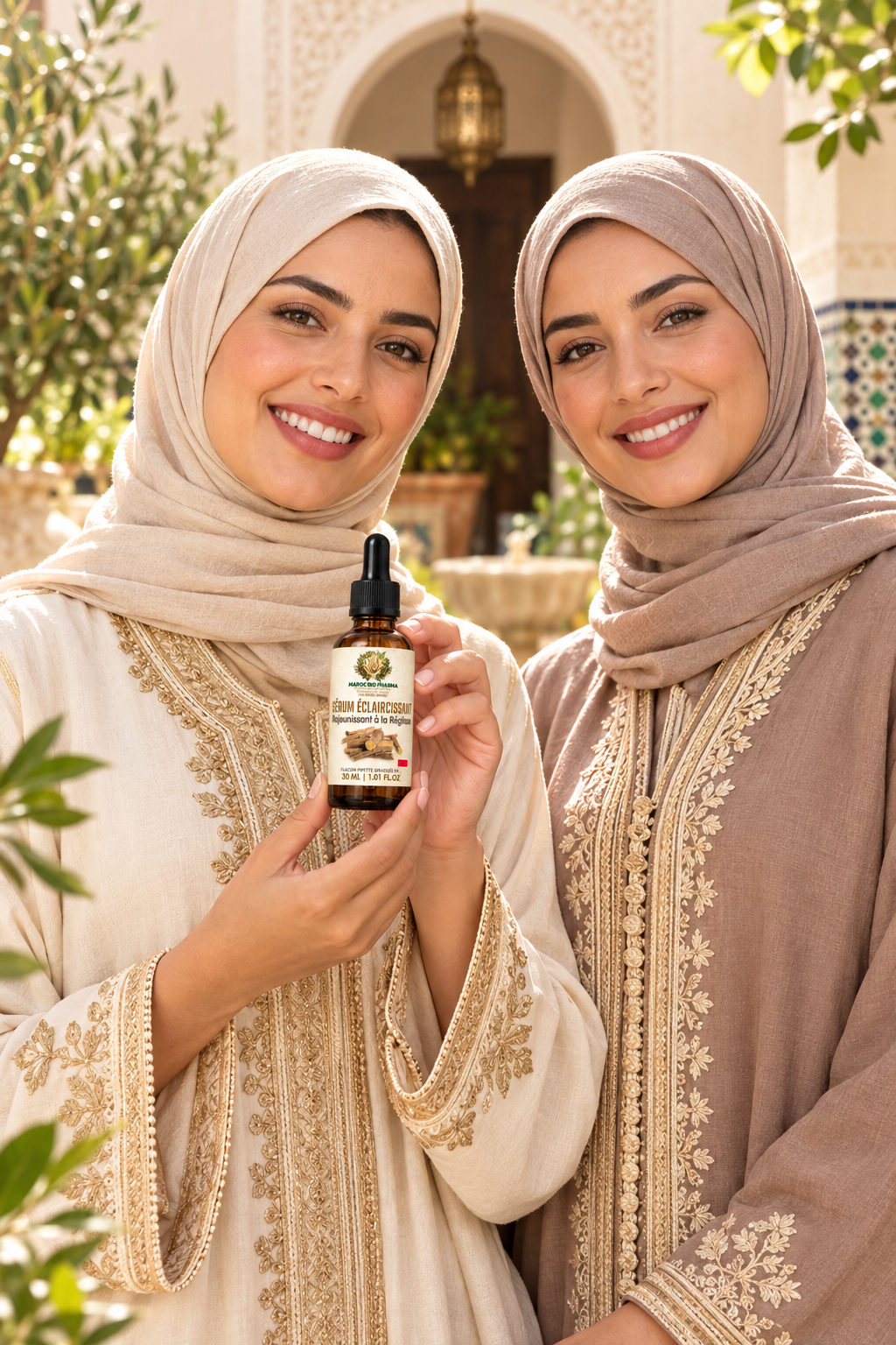 Sérum à la réglisse dans une ambiance marocaine avec femmes souriantes