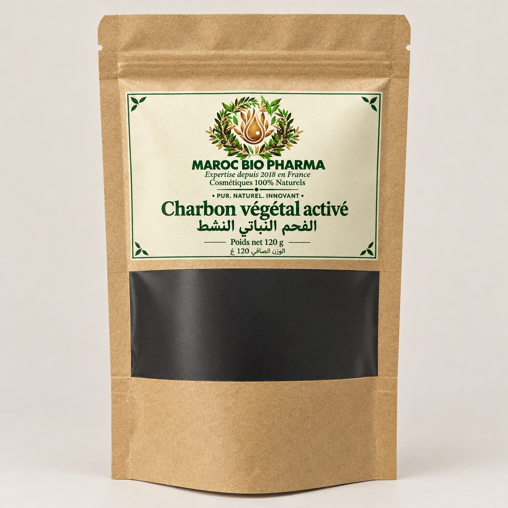 Étiquette Maroc Bio Pharma sur le sachet kraft de charbon végétal activé
