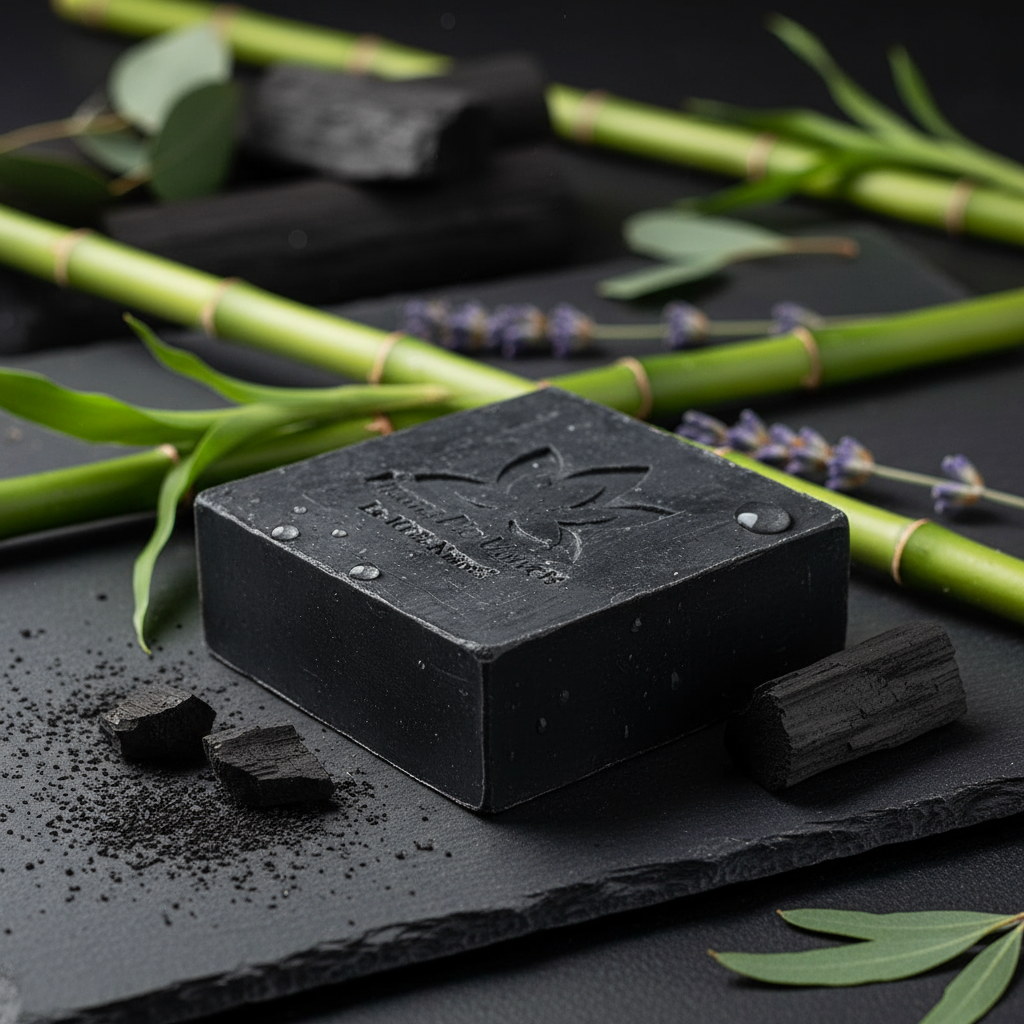 صابون الفحم النشط على خلفية طبيعية