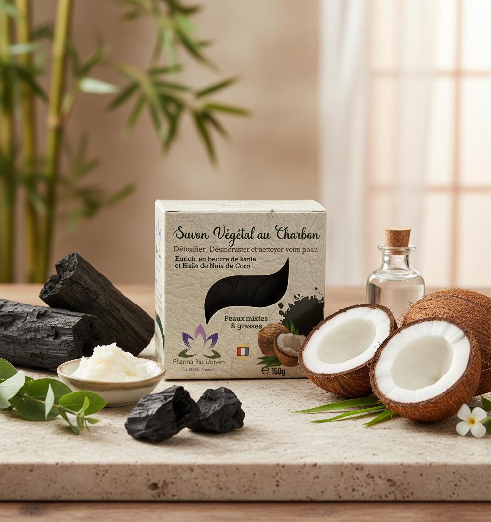 علبة صابون الفحم على خلفية طبيعية