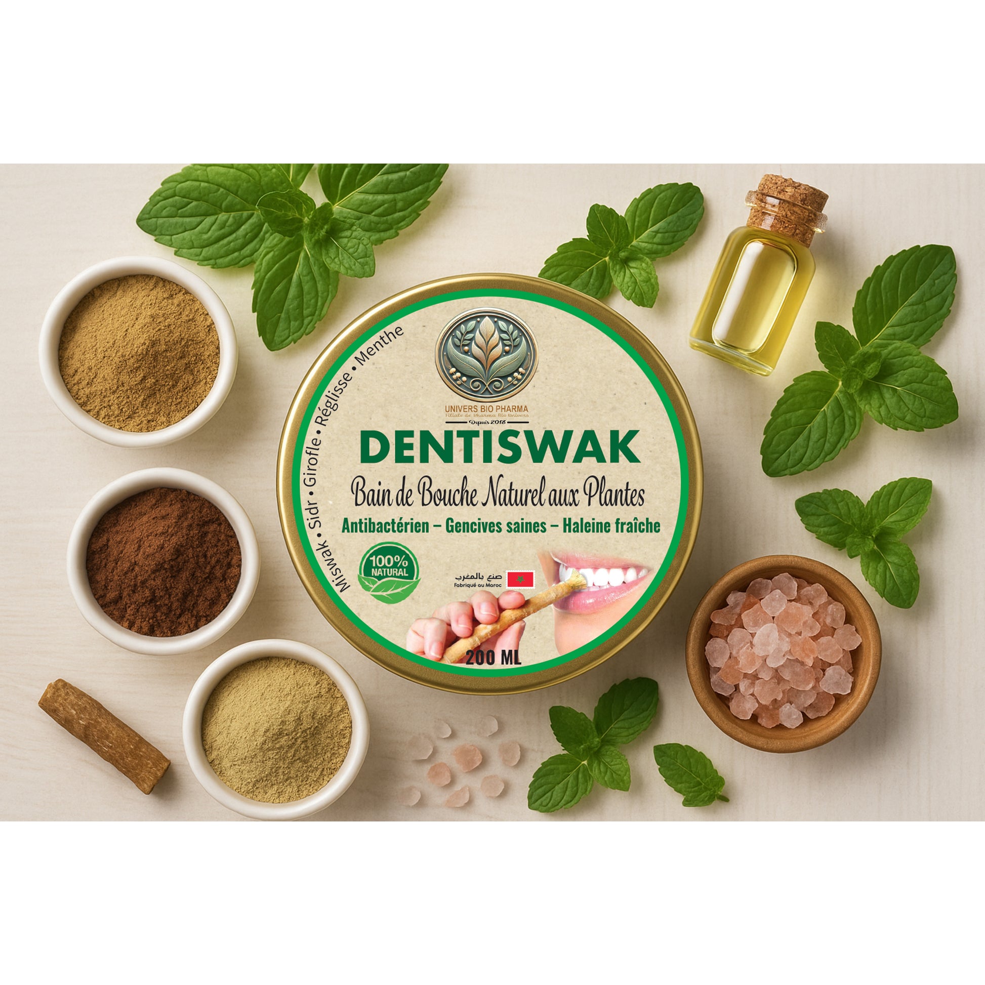 Bain de bouche naturel aux plantes 200g avec ingrédients miswak, sidr, clou de girofle, réglisse, sel gemme et menthe fraîche - Maroc Bio Pharma