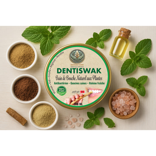 Bain de bouche naturel aux plantes 200g avec ingrédients miswak, sidr, clou de girofle, réglisse, sel gemme et menthe fraîche - Maroc Bio Pharma