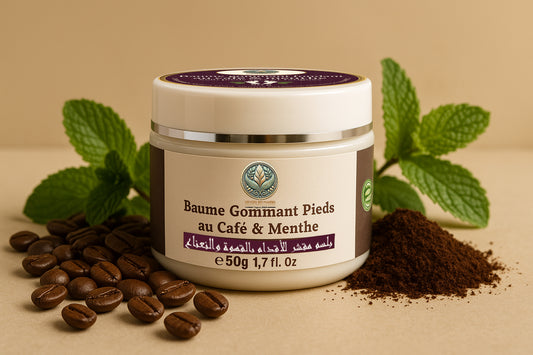 Baume Gommant Pieds au Café & Menthe de Maroc Bio Pharma entouré de graines de café et feuilles de menthe fraîche sur fond naturel