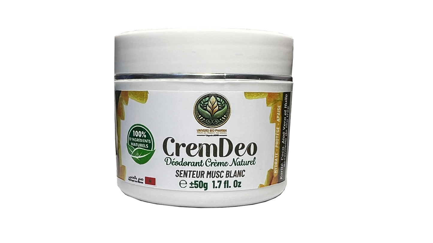 Déodorant crème CremDeo 50g de Pharma Bio Maroc, fraîcheur durable, soin quotidien. musc blanc
