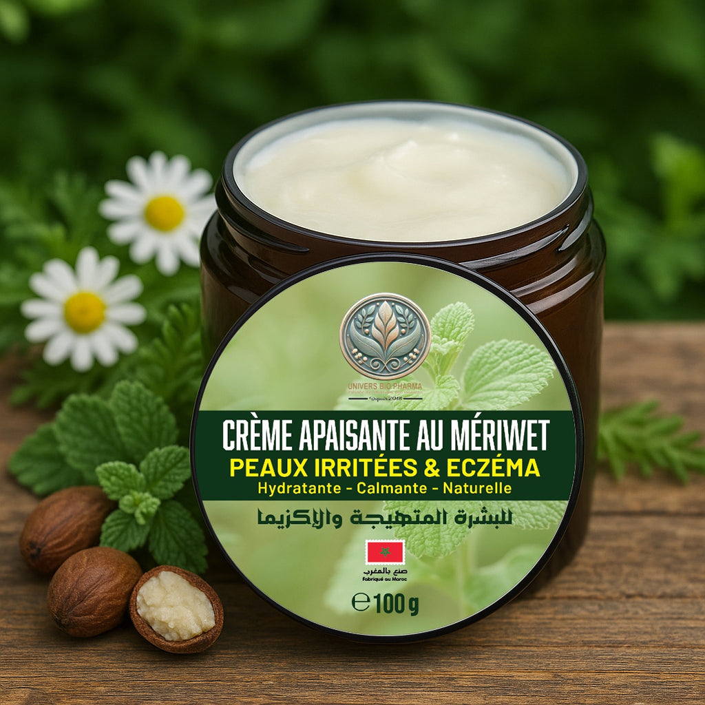 Pot de crème au Mériwet 100g posé sur bois avec ingrédients naturels – soin apaisant artisanal pour eczéma et peau sensible