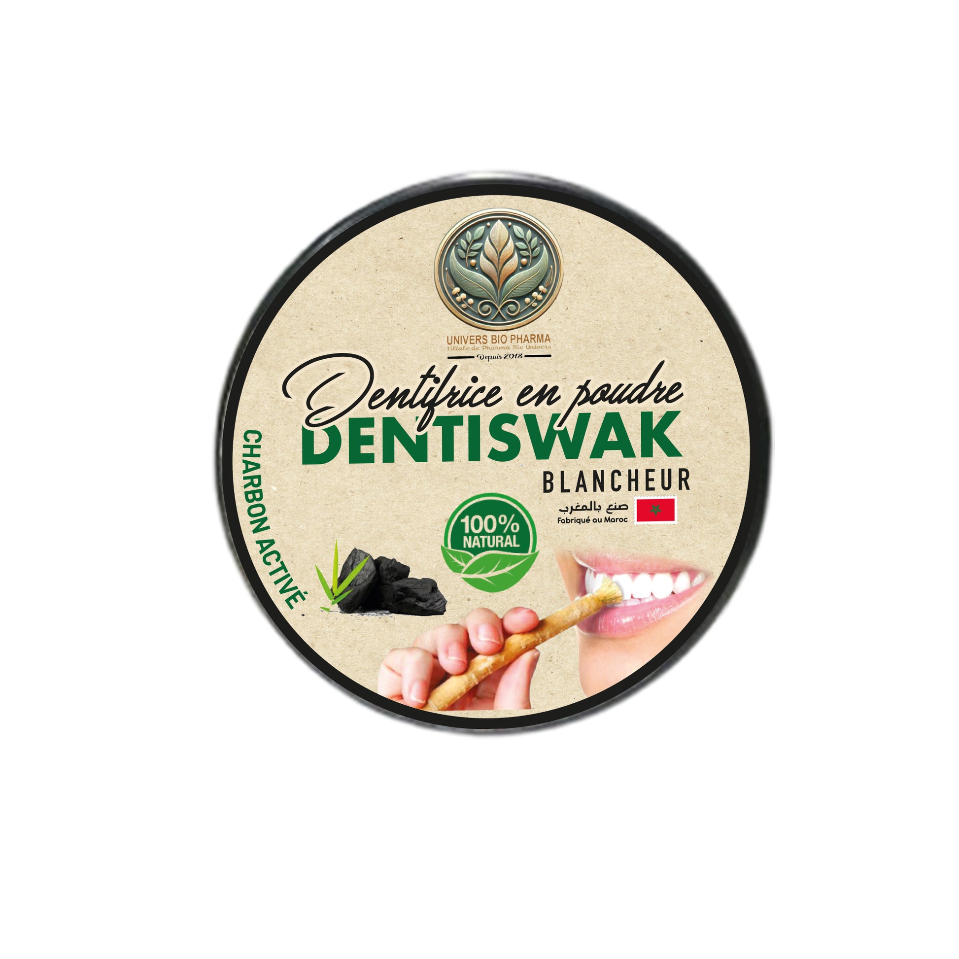 Brosse à dents avec de la poudre de siwak et charbon actif, idéale pour un nettoyage naturel et un effet blanchissant.