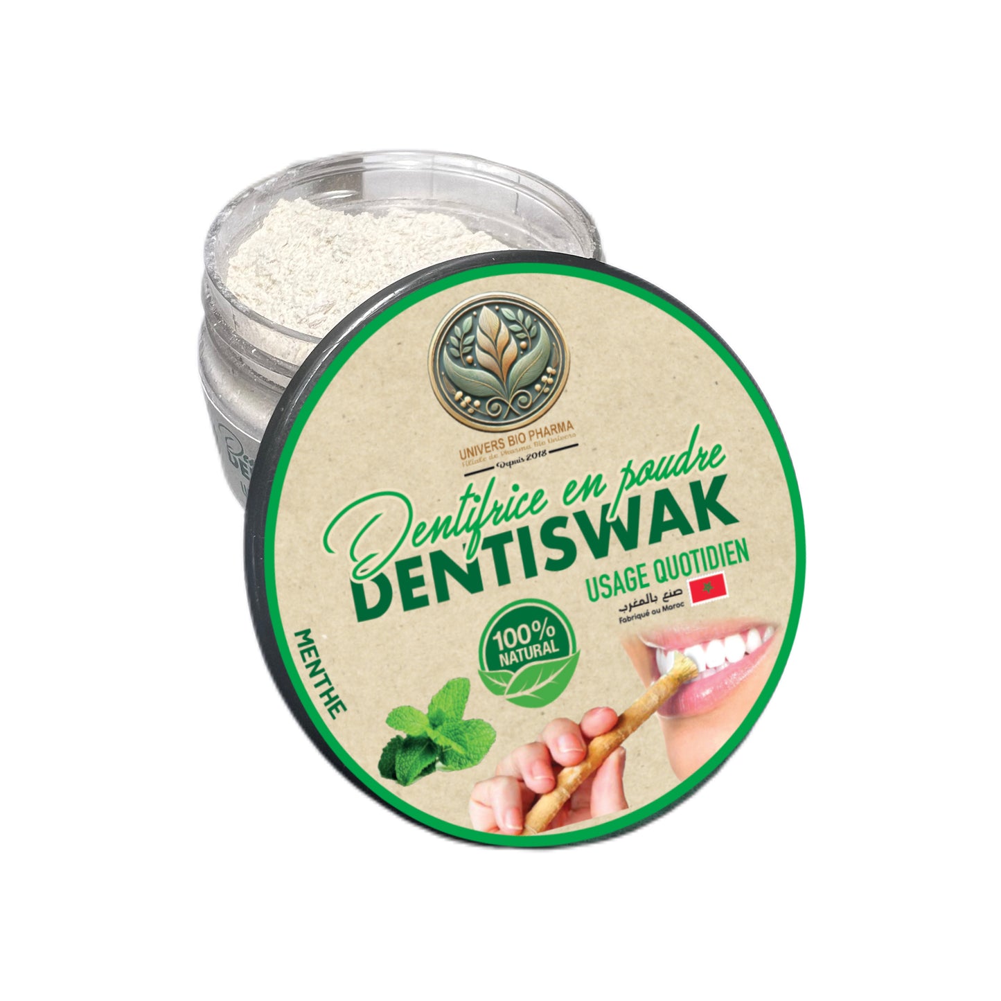 Poudre dentaire naturelle DENTISWAK en pot, enrichie en siwak et ingrédients naturels pour une hygiène bucco-dentaire optimale.