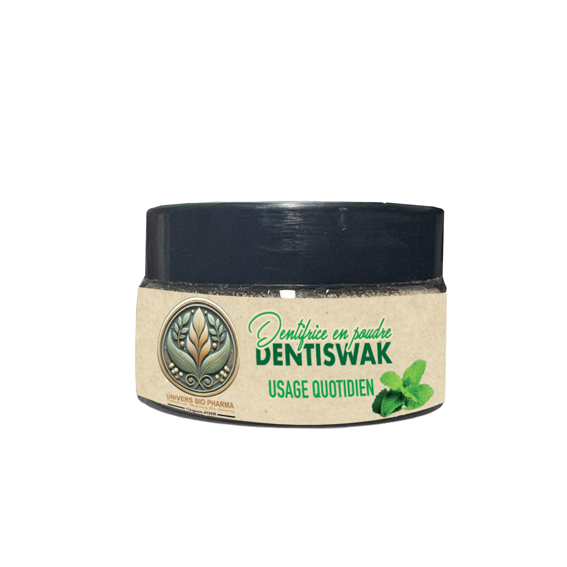 DENTISWAK en action : poudre dentaire appliquée sur une brosse à dents humide, idéale pour un nettoyage doux et efficace.