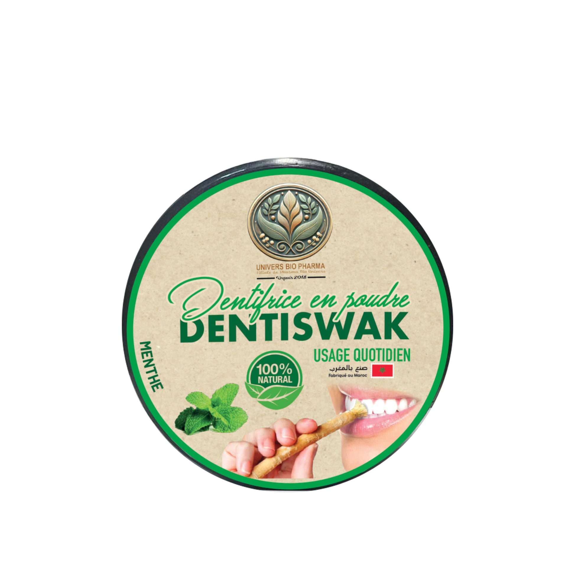 Ingrédients de DENTISWAK : poudre de siwak, argile blanche, carbonate de calcium et huiles essentielles, une formule inspirée des soins bucco-dentaires traditionnels.