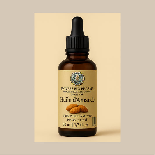 Flacon de 50 ml d’huile d’amande douce 100 % pure, pressée à froid, idéal pour nourrir les peaux sensibles et hydrater les cheveux secs naturellement.