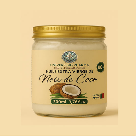 Pot de 200 ml d’huile de coco extra vierge, fabriquée artisanalement au Maroc, 100 % pure et naturelle, à texture solide, idéale pour la peau et les cheveux secs.