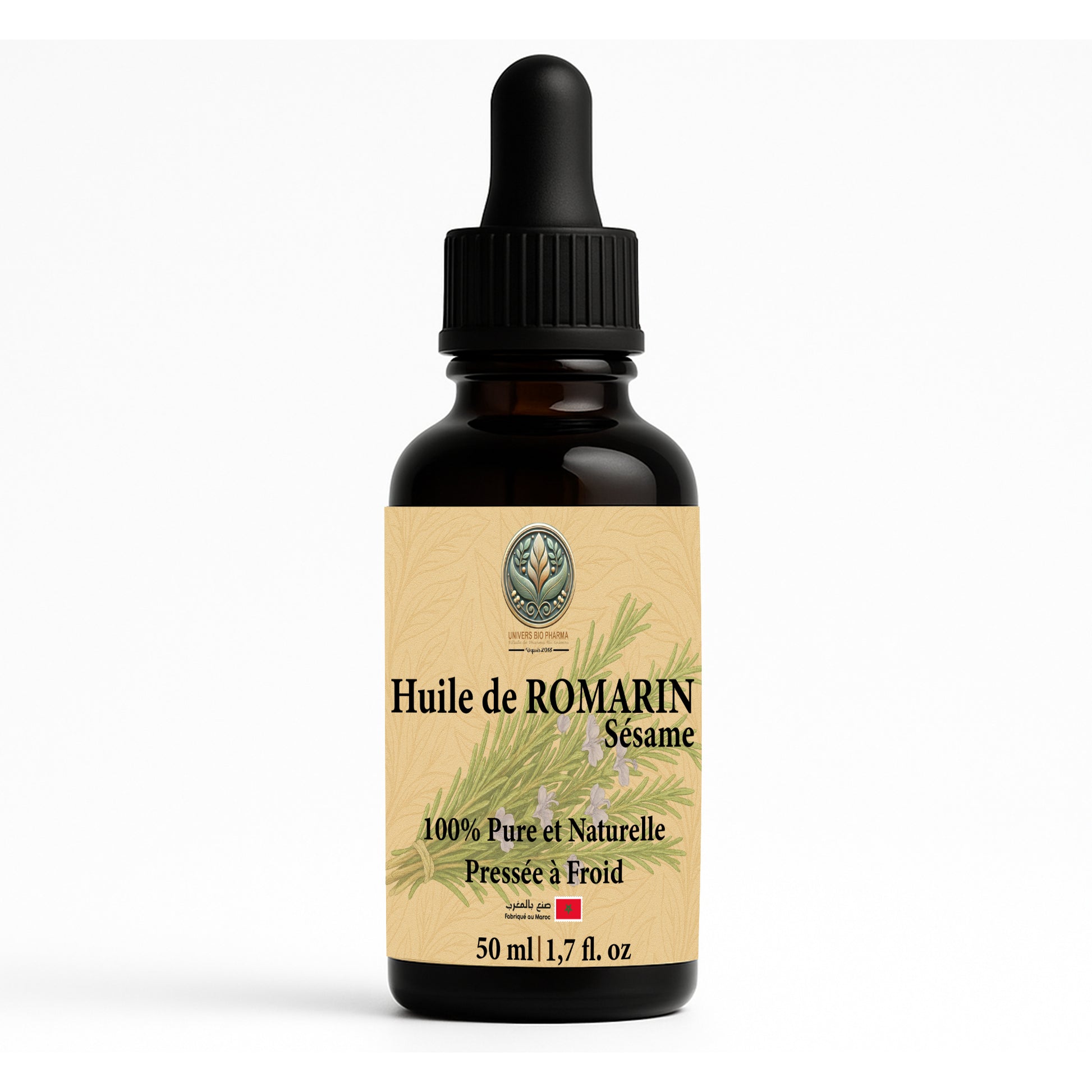 Huile de romarin au sésame bio 50ml - Flacon pipette noir - Pressée à froid - Anti-chute cheveux - Maroc Bio Pharma
