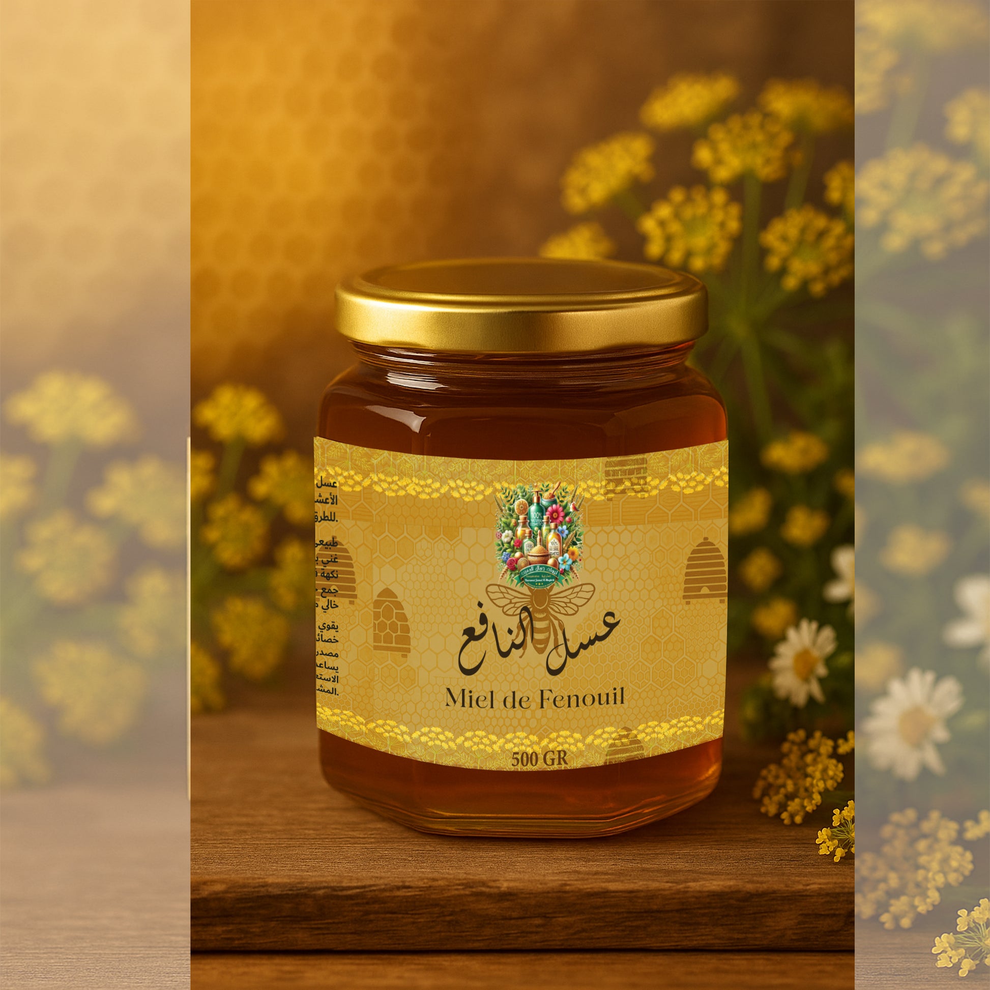 Miel artisanal marocain dans un pot en verre de 500g sur fond blanc