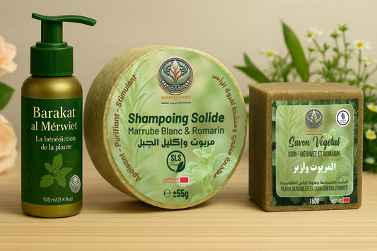 Pack soin naturel Mériwet – Huile capillaire, shampoing solide et savon végétal à base de Marrube blanc – Traitement cuir chevelu, peau sensible et cheveux abîmés