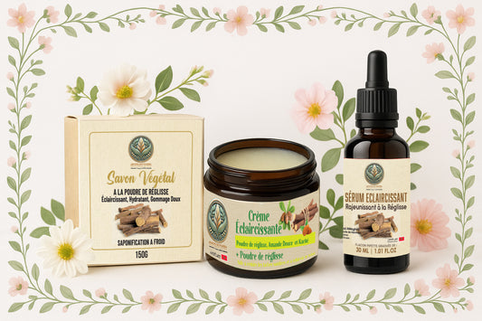 Pack Éclat Réglisse Maroc Bio Pharma - Savon éclaircissant, sérum et crème à la réglisse naturelle avec fleurs blanches sur fond blanc - Routine complète anti-taches pour teint unifié