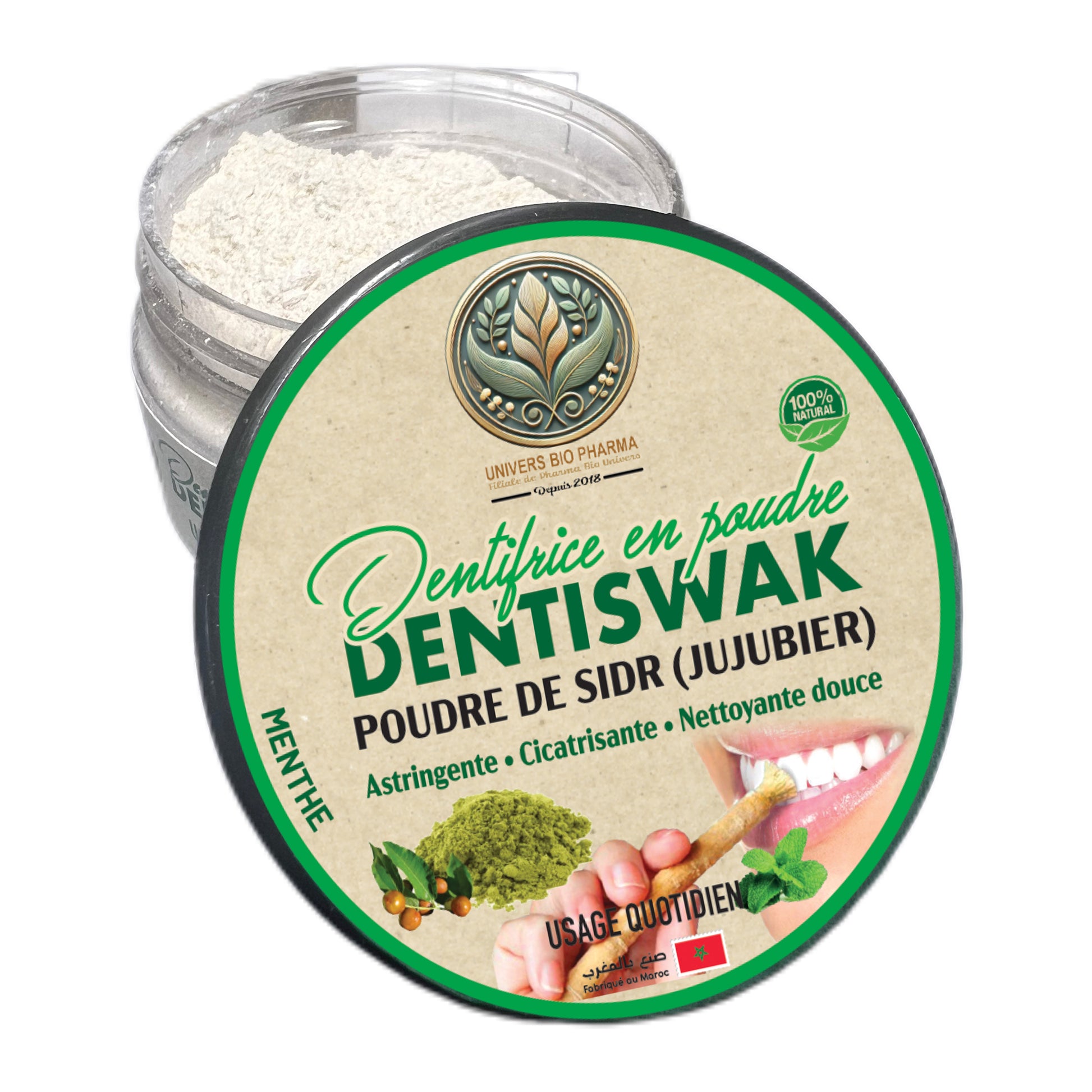 "Poudre dentaire Dentiswak avec feuilles de jujubier sidr fraîches, bâton de miswak traditionnel et brosse à dents naturelle - Soins bucco-dentaires bio Maroc