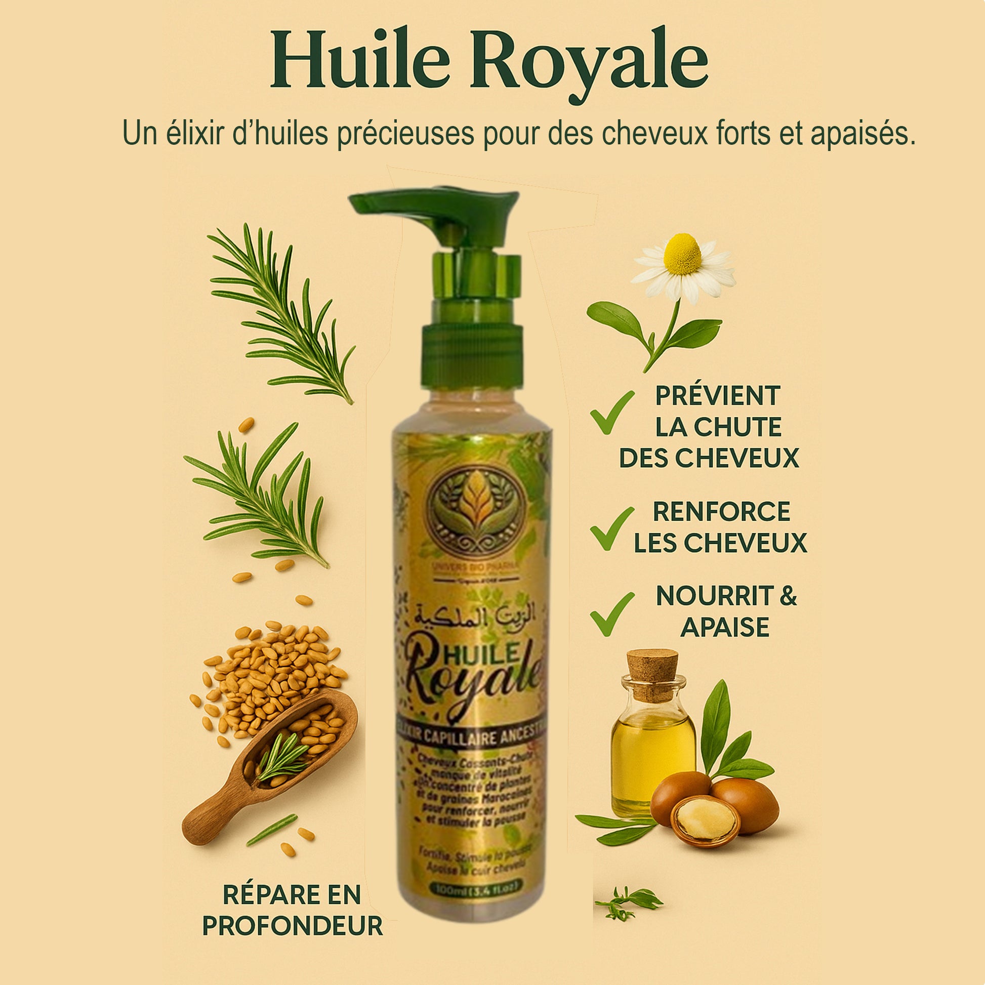 Huile capillaire artisanale anti-chute fabriquée par une coopérative de femmes du Moyen Atlas avec romarin, fenugrec, nigelle et huiles végétales naturelles.