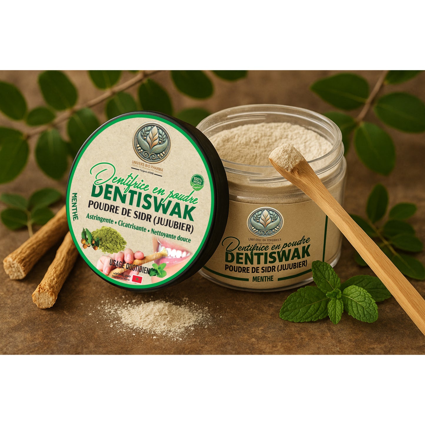 "Dentifrice en poudre naturel Dentiswak - Pot ouvert montrant la poudre blanche à base de siwak et sidr du Maroc pour blanchiment dentaire naturel"