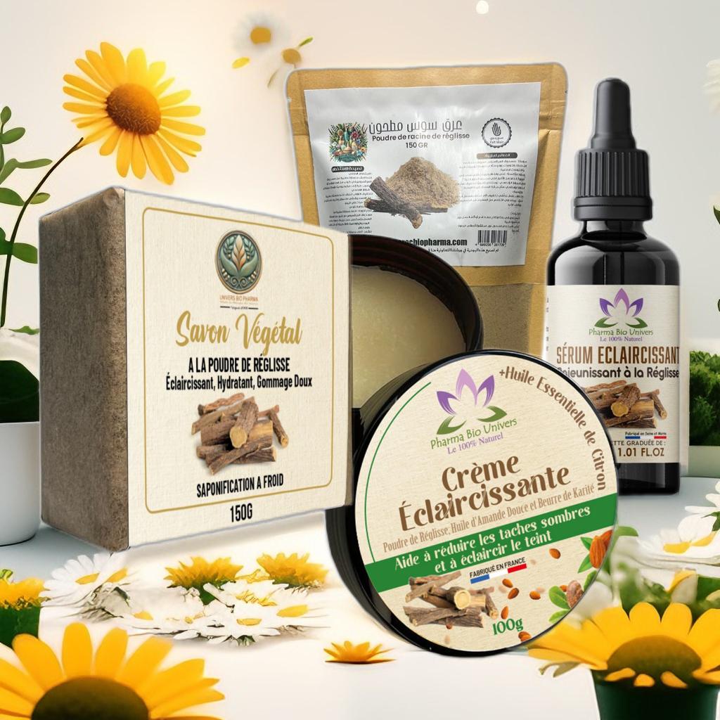 Pack Éclat Réglisse comprenant un savon éclaircissant à la réglisse, un sérum hydratant et éclaircissant, une crème nourrissante à la réglisse et un sachet de poudre de réglisse 150 g, idéal pour une routine naturelle complète.