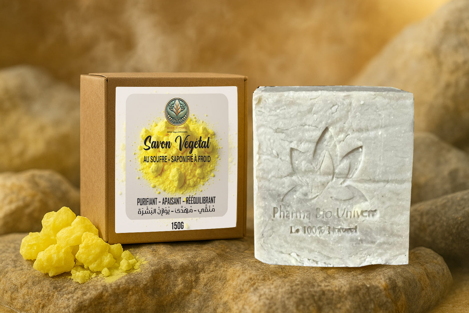 Savon au soufre naturel fabriqué à froid – Savon artisanal marocain contre l'acné et les imperfections, enrichi en soufre de Moulay Yacoub