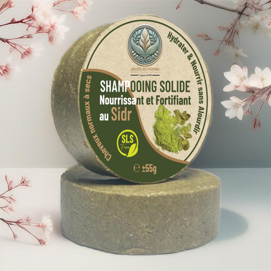 Shampoing Solide Fortifiant au Sidr pour cheveux normaux à secs, formulé avec des ingrédients naturels pour nettoyer, hydrater et renforcer la fibre capillaire.