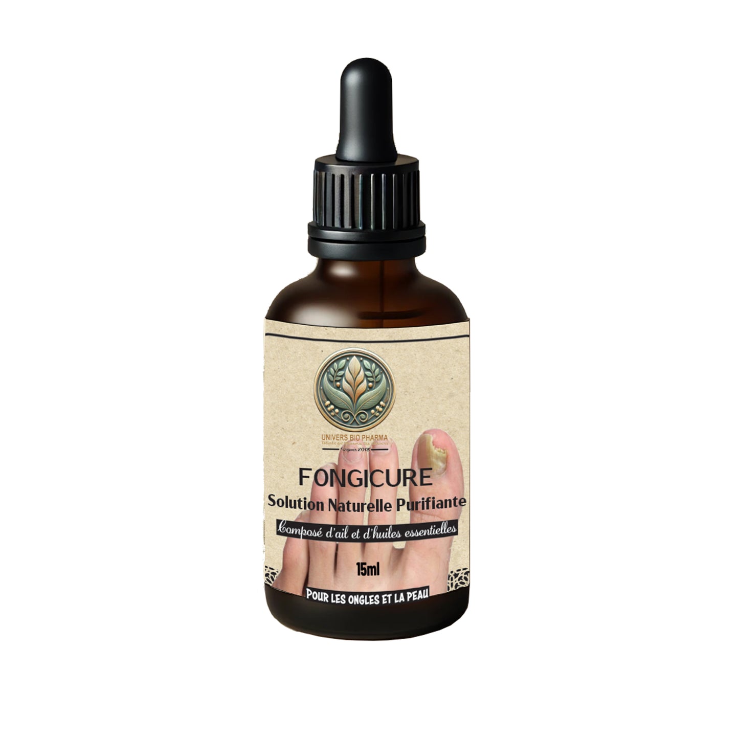 FongiCure - Solution naturelle dans un flacon de 15 ml, conçue pour traiter les champignons des ongles et de la peau. Produit artisanal à base d'ail et d'huiles essentielles