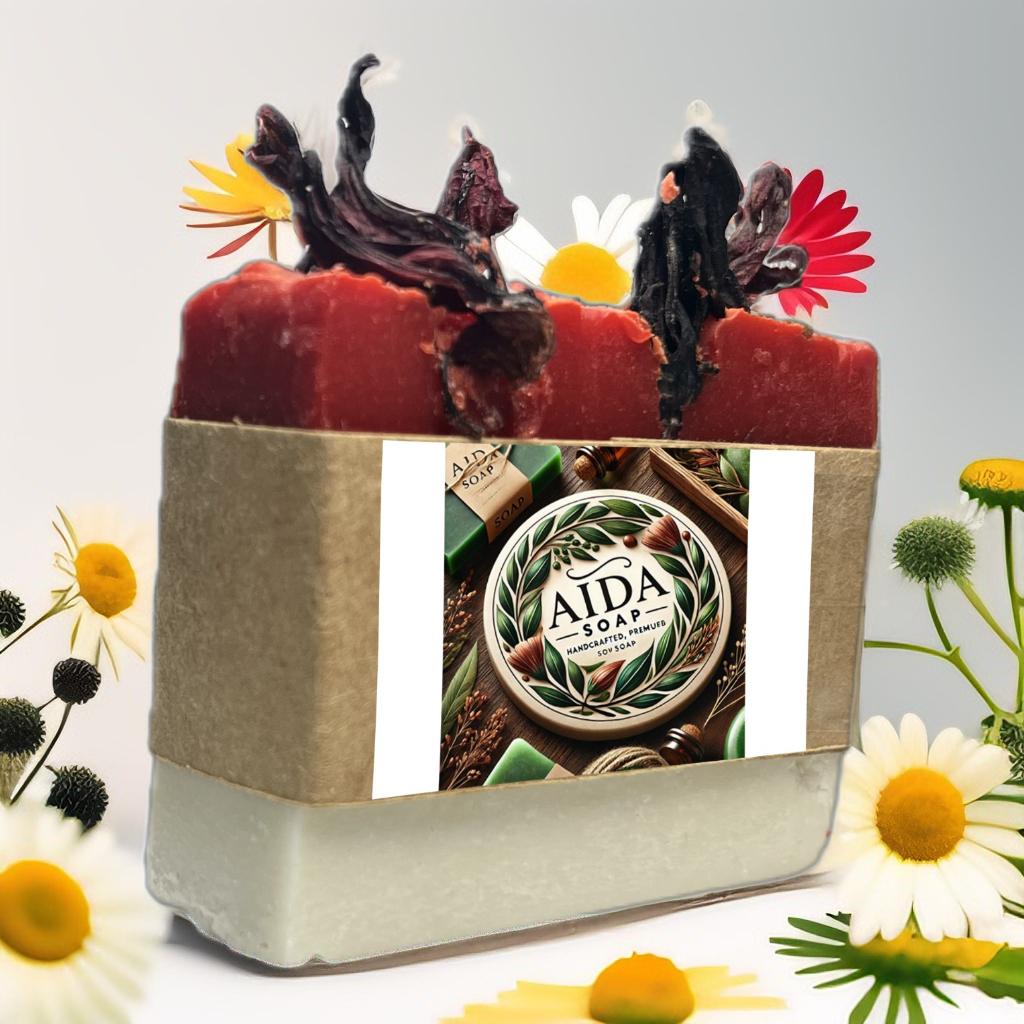 Savon artisanal bicolore, étage blanc et étage rouge carcadet, fabriqué à la main avec des ingrédients naturels, idéal pour un soin du visage et du corps.