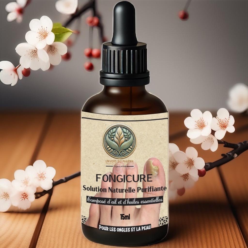 Flacon de 15 ml de FongiCure, soin purifiant naturel pour ongles et peau, formulé avec de l'ail et des huiles essentielles, fabriqué artisanalement au Maroc
