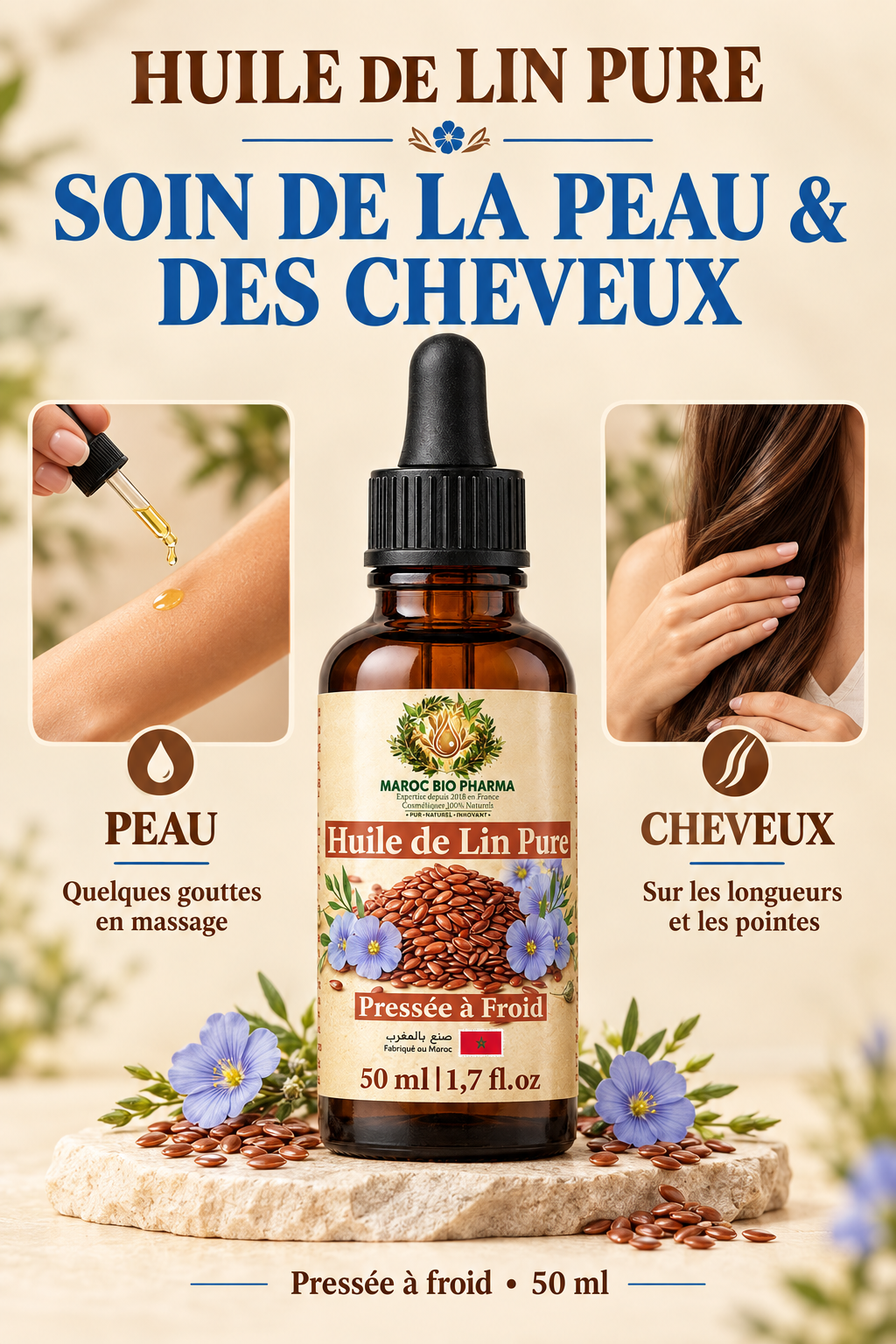 Affiche huile de lin Maroc Bio Pharma, soin de la peau et des cheveux
