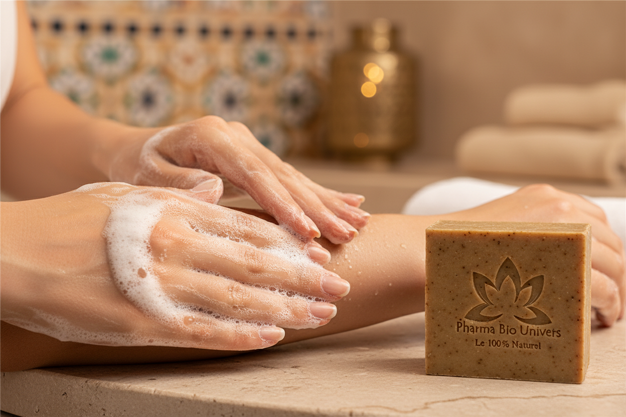 Application de la mousse du savon à la réglisse