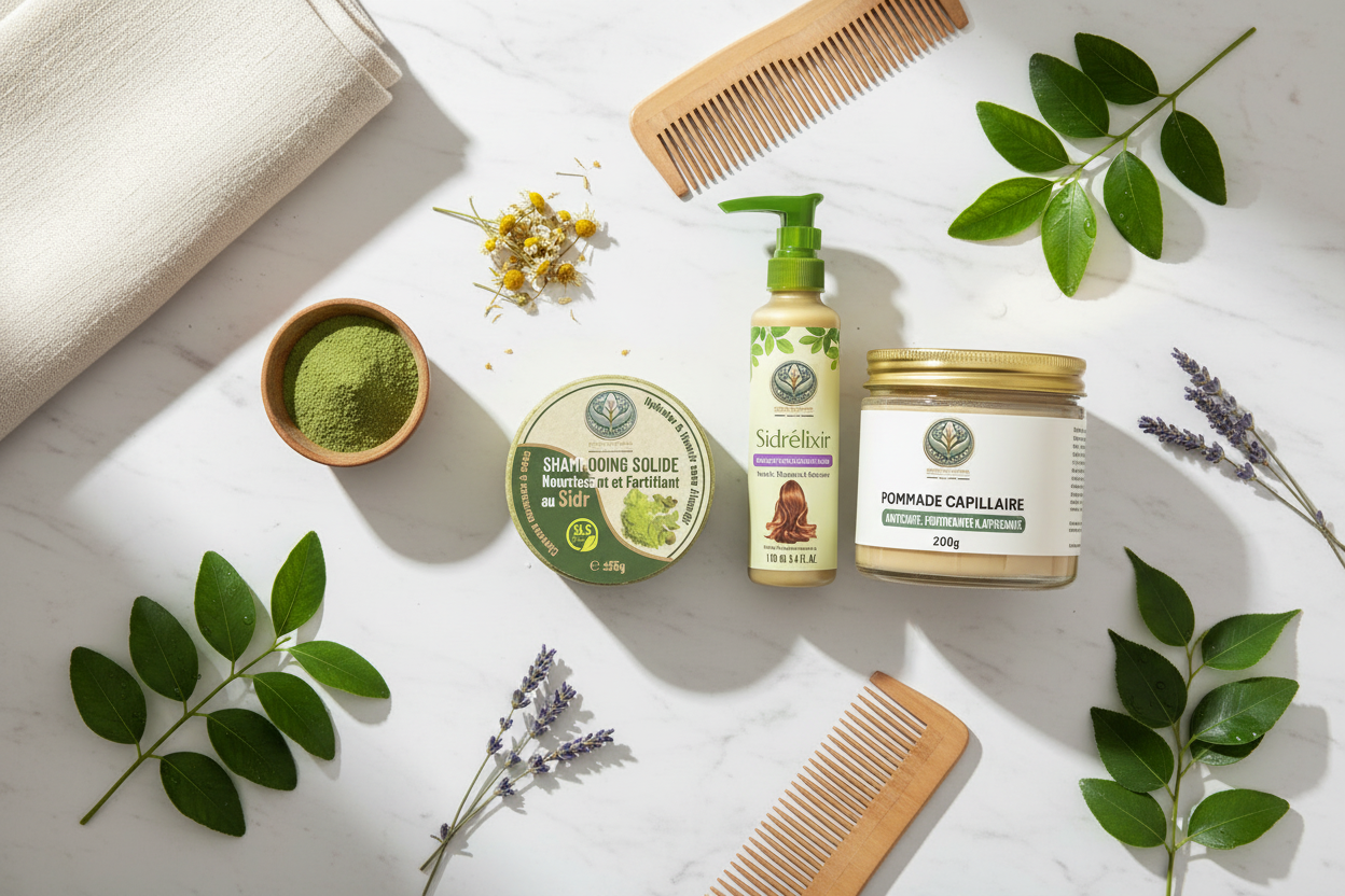 Composition flat lay avec les vrais produits Sidr