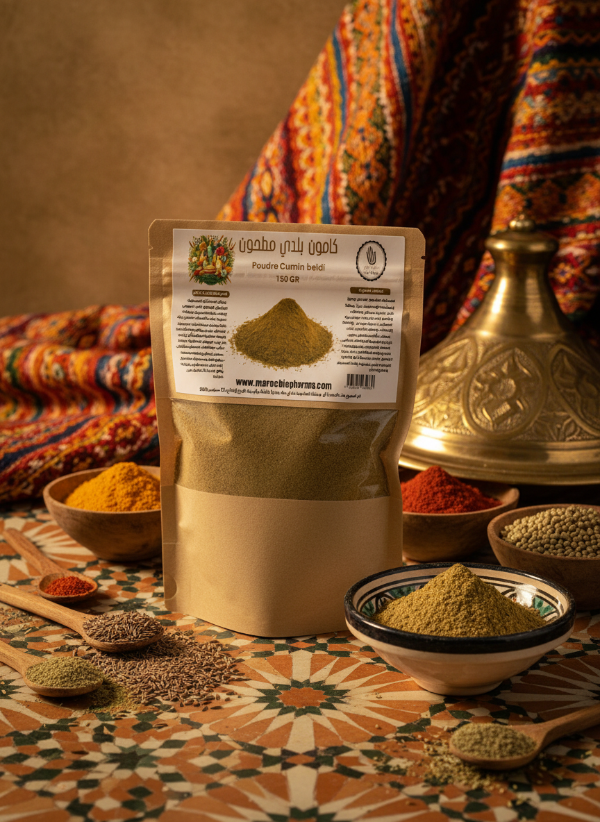 Cumin Beldi en poudre dans une ambiance marocaine traditionnelle