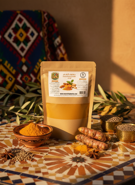 Curcuma en poudre dans une ambiance marocaine authentique