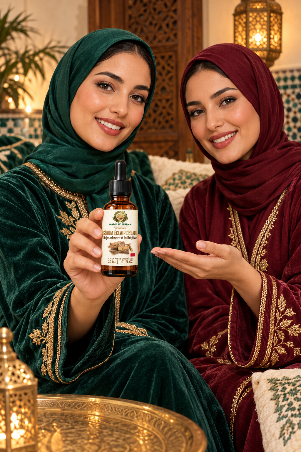 Deux femmes marocaines présentant le sérum dans un salon élégant