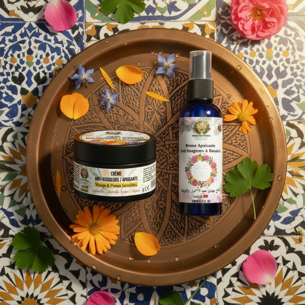 Duo Rituel Anti-Rosacée — Crème + Brume sur plateau marocain
