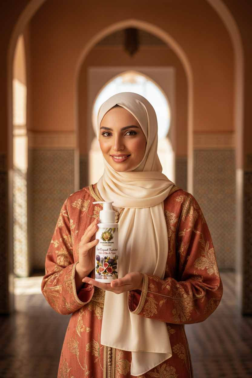 Femme marocaine avec flacon Lait Corporel