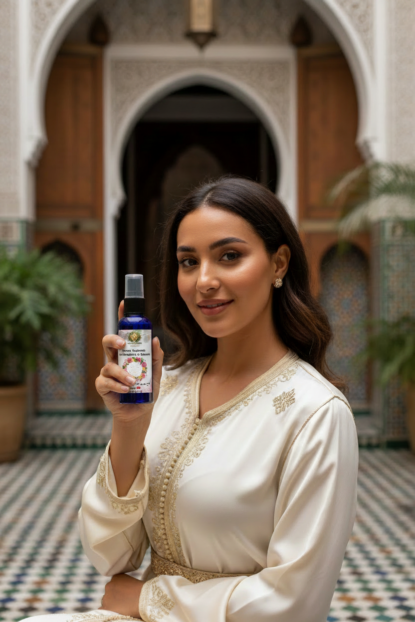 Femme marocaine avec flacon étiqueté