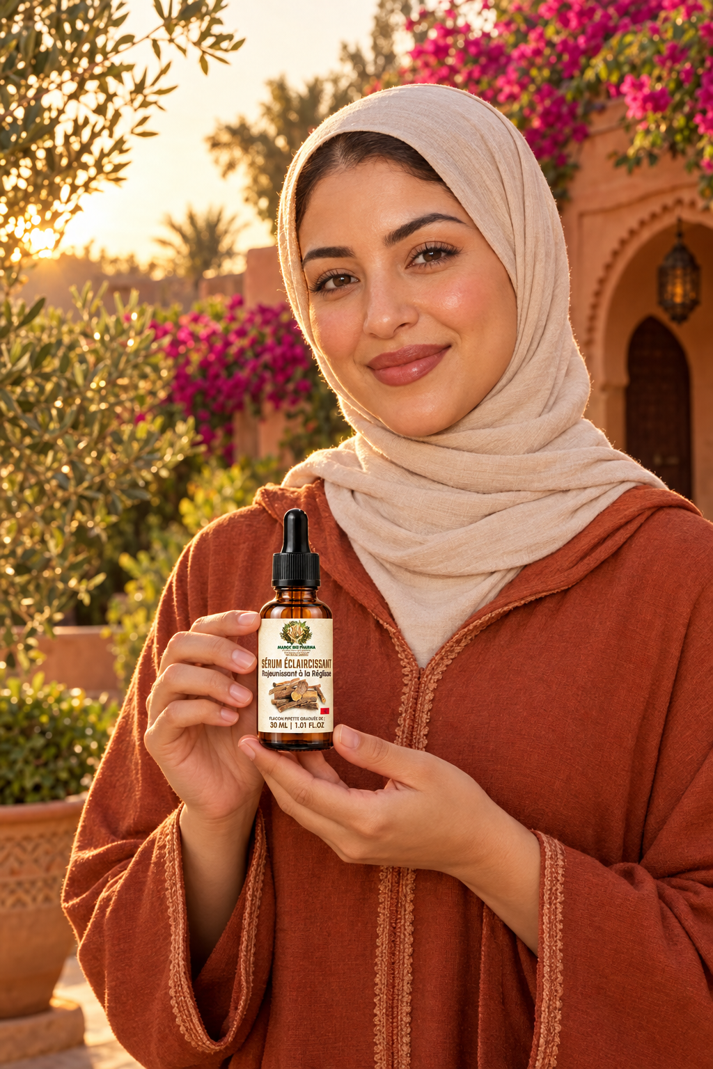 Femme marocaine présentant le sérum sur une terrasse ensoleillée