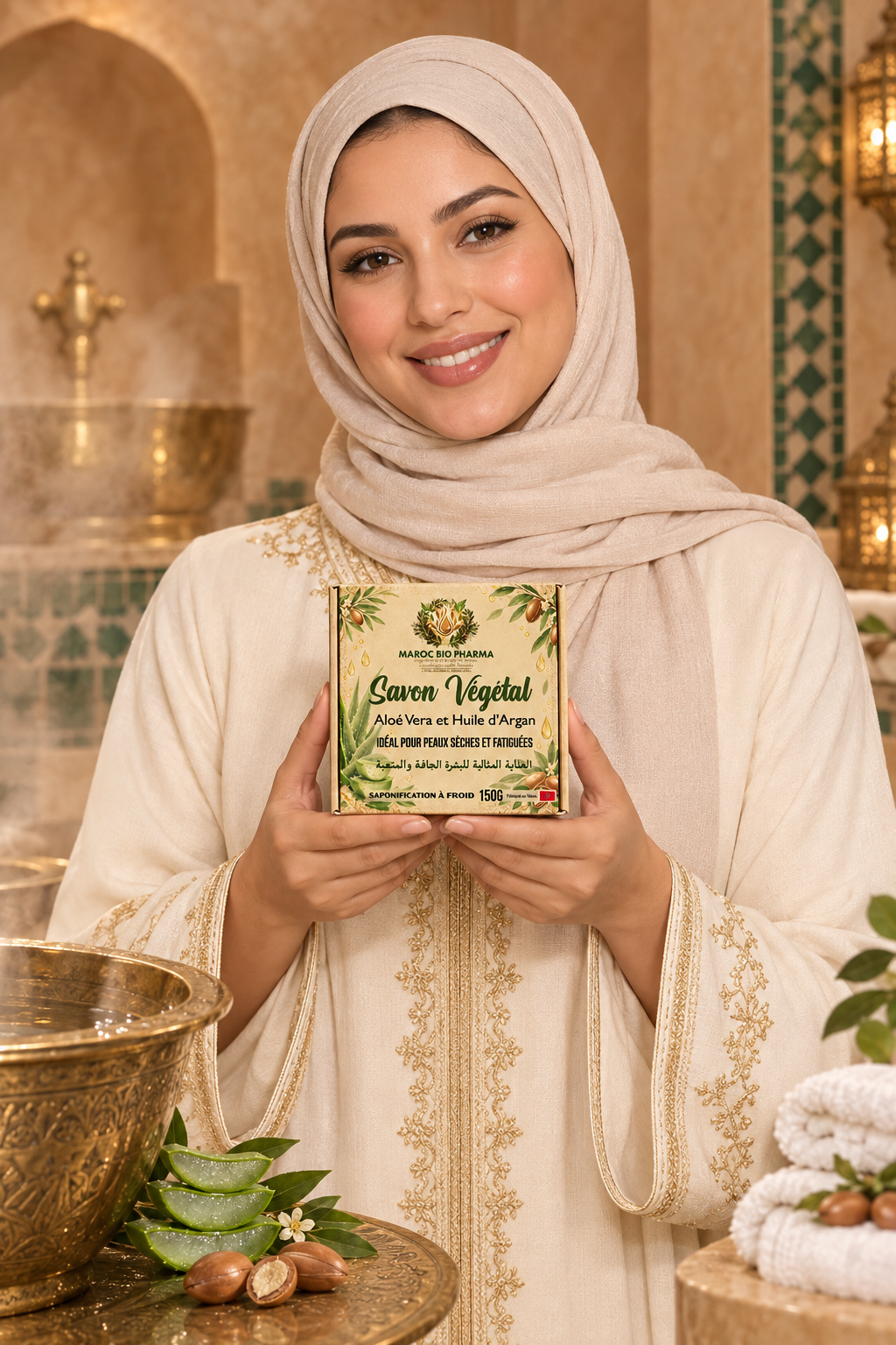 Femme marocaine présentant le savon dans un hammam élégant
