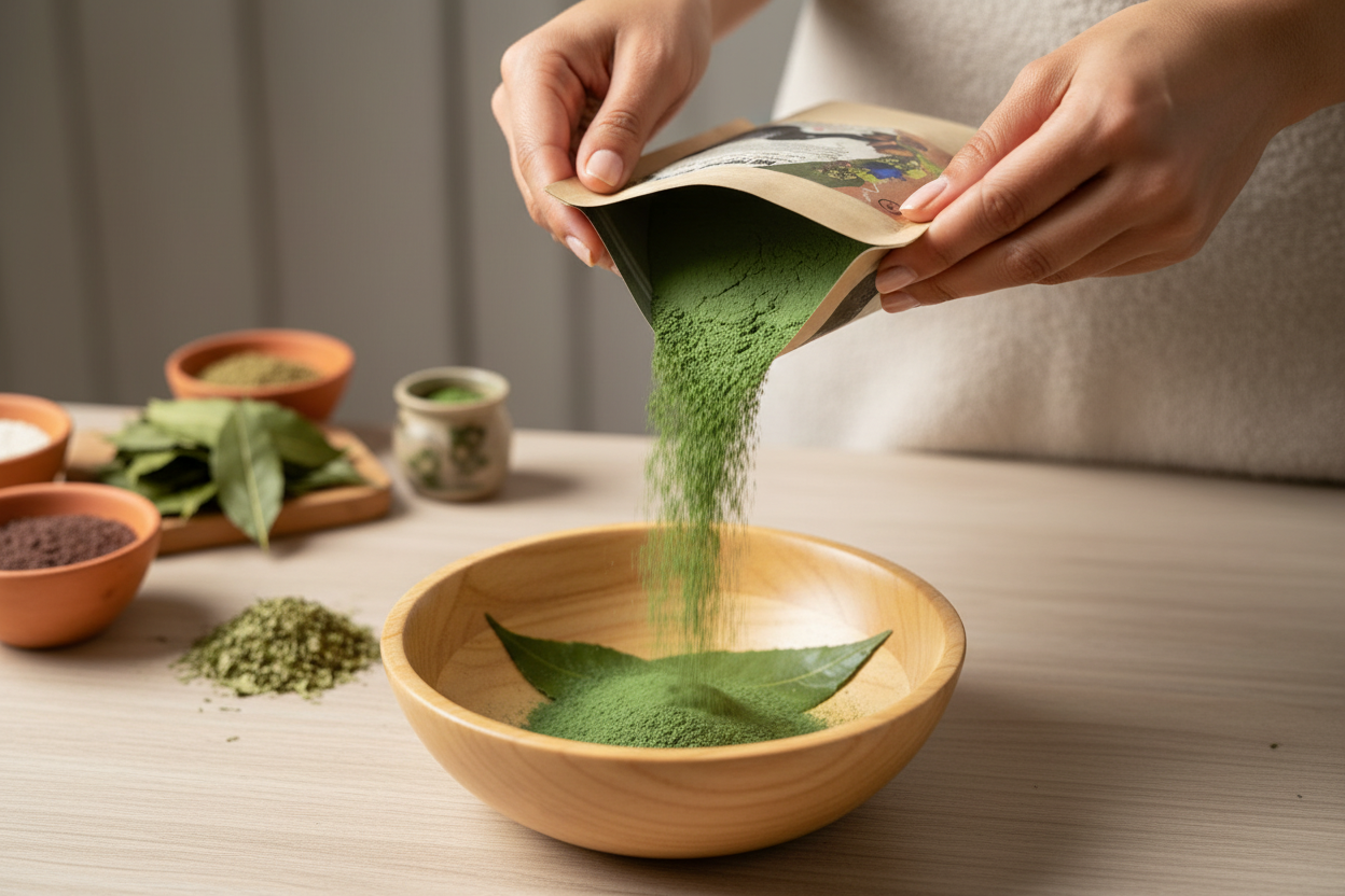 Femme versant la poudre verte de coloration